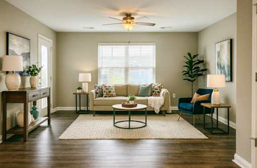 A living room with a couch, chair, and table.