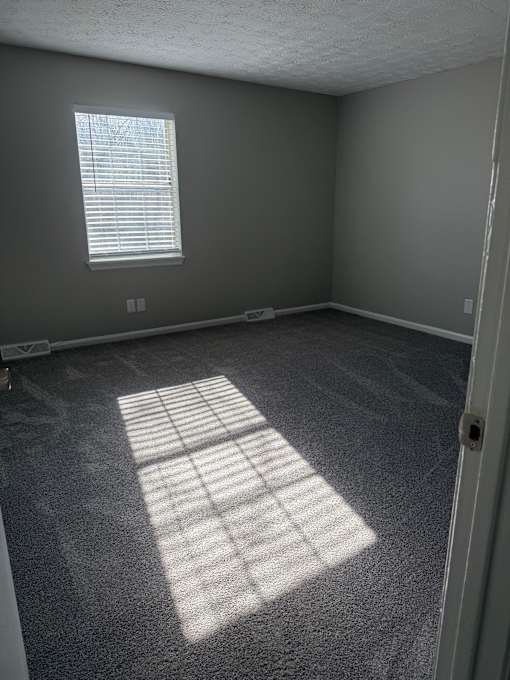 A room with a carpeted floor and a window letting in sunlight.