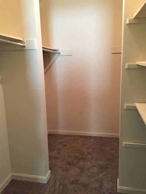 a room with a closet and shelves and a carpet