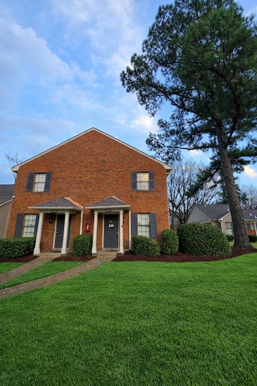 A red brick house with a tree in front.