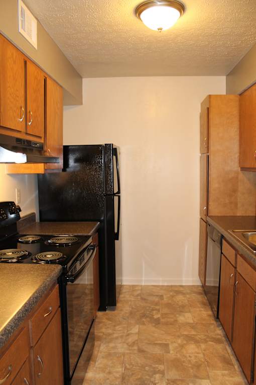 a kitchen with a black refrigerator and a stove