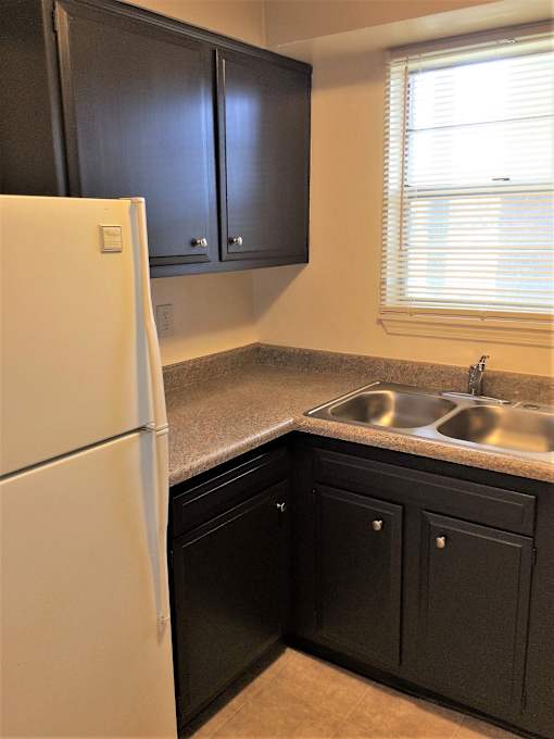 a kitchen with dark cabinets and a sink and a refrigerator
