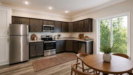 A modern kitchen with dark brown cabinets and stainless steel appliances.