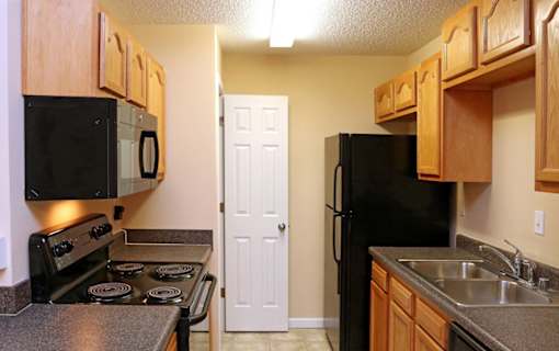 A kitchen with a black fridge and stove.