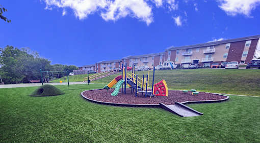 A playground with a green slide and a red and yellow slide.