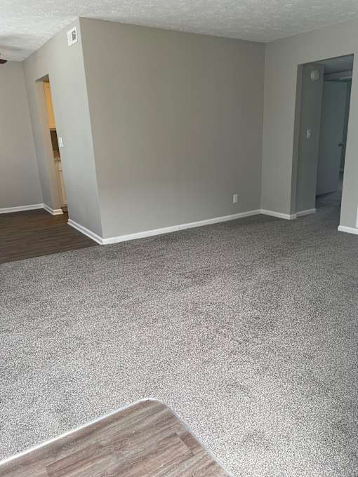 A room with grey carpet and a wooden floor.