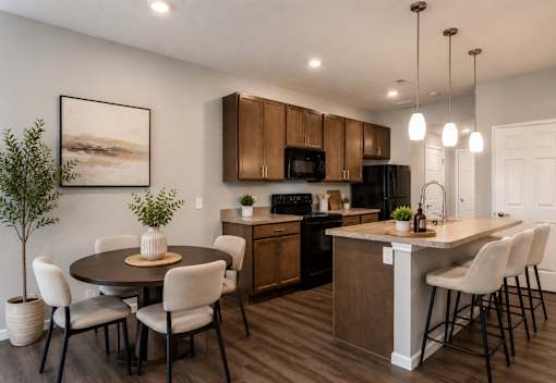 A modern kitchen with a dining table and chairs.