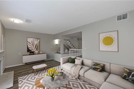 our apartments offer a living room with a couch and a coffee table