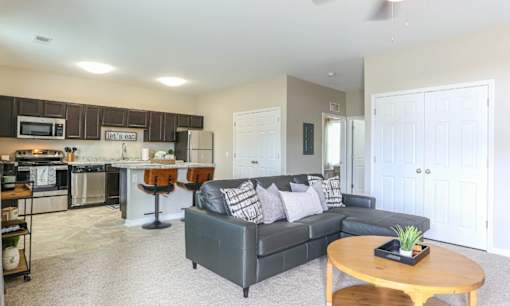 A living room with a grey couch and a wooden coffee table.