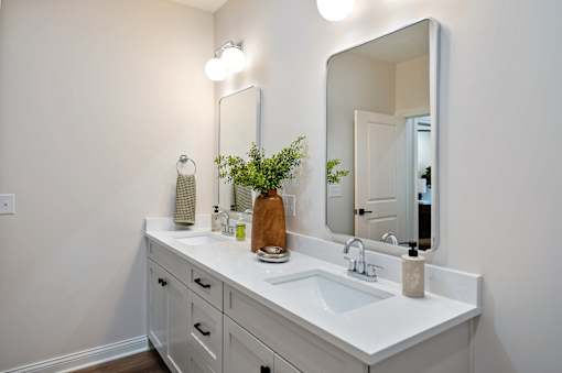 A white bathroom vanity with a plant and a mirror.