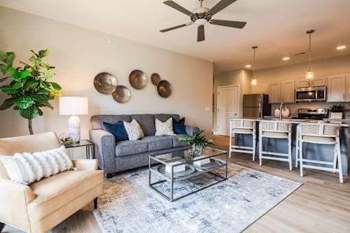 A living room with a grey couch and a glass coffee table.