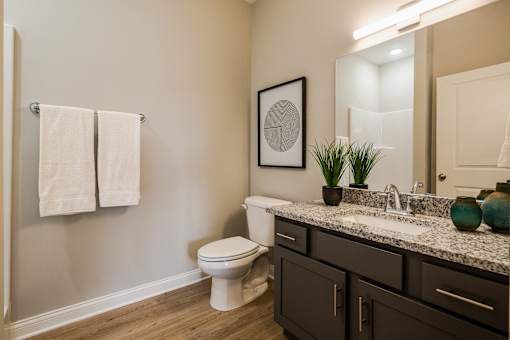 A bathroom with a toilet, sink, and mirror.