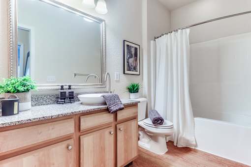 A bathroom with a sink, toilet, and a mirror, Plantation Crossing, Lafayette, LA, 70508