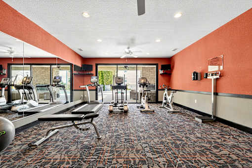 A gym with treadmills, elliptical machines, and other exercise equipment.