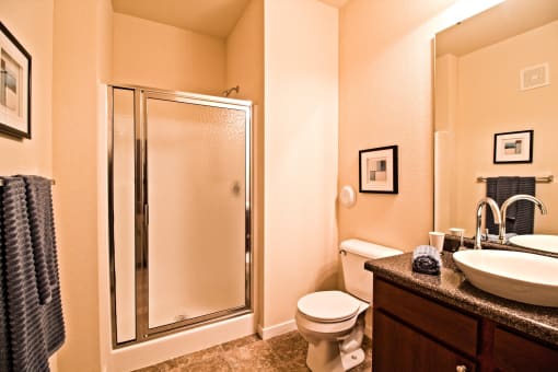 a bathroom with a shower toilet and sink and a sink mirror  at Aventura at Mid Rivers, St. Charles, Missouri