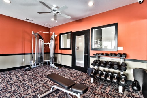 a gym with weights and a mirror and a ceiling fan  at Aventura at Mid Rivers, St. Charles, MO