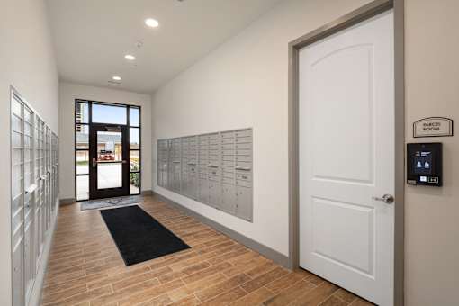 A hallway with a black mat on the floor and a white door on the right.