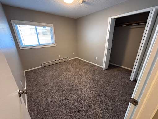 A room with a carpeted floor, a window, and a door.