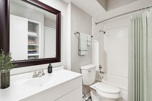 a bathroom with a toilet and a sink and a mirror at The Escapade, San Antonio, 78216