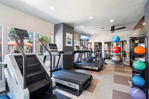 A gym with treadmills, elliptical machines, and exercise balls.