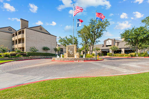 A building with a flag on top of it.
