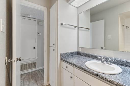 a bathroom with a sink and a mirror and a shower at The Escapade, San Antonio, 78216