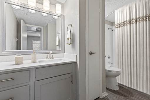 A bathroom with a white sink and a mirror above it.