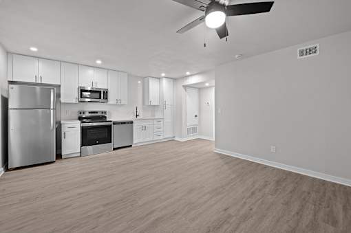 Photo of renovated kitchen with brand new stainless steel appliances at Sunset Heights, San Antonio, TX, 78209