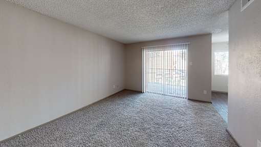 A room with a carpeted floor and a sliding glass door.