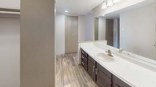 A bathroom with a sink, mirror, and wooden floors.