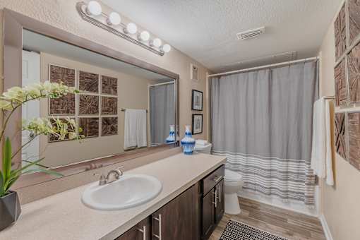 A bathroom with a sink, mirror, and shower.
