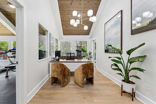 Modern home office with wood ceiling detail at Knoll Crest Apartments, San Antonio, Texas