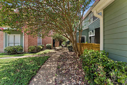 Courtyard walkway with mature trees and landscaping at Knoll Crest Apartments, San Antonio, TX