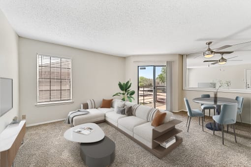 a living room with a white couch and a tv on the wall at The Hudson, North Richland Hills, TX, 76180