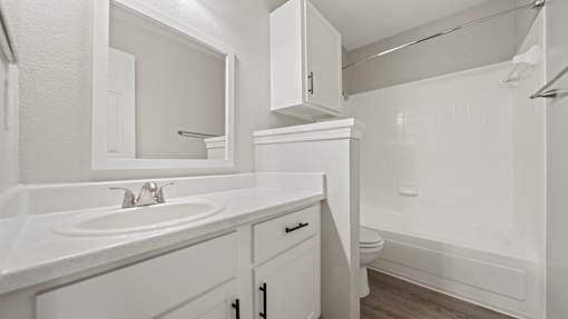 the preserve at ballantyne commons apartment bathroom with tub and sink and mirror at Polo Clubs Apartments, Austin, TX 78729