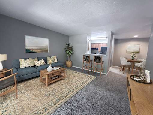 A living room with a couch, a coffee table, and a rug.