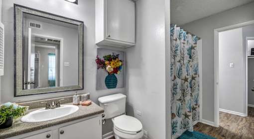 A bathroom with a white toilet, sink, and shower curtain.