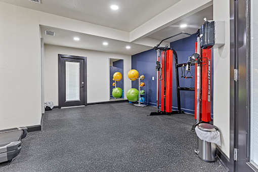 A gym with a variety of equipment including a squat rack, a bench, and a ball. at Tradewinds, Texas, 78239