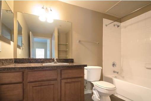 A bathroom with a white toilet and a marble counter top.