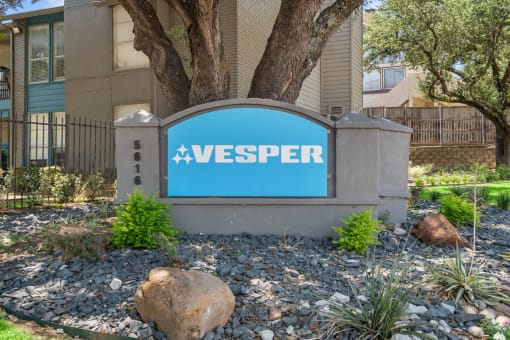 our sign in front of the building  at Vesper, Dallas, TX