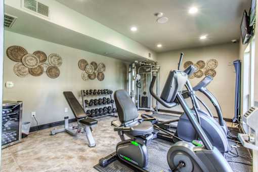 A gym with a treadmill, weights, and exercise equipment.