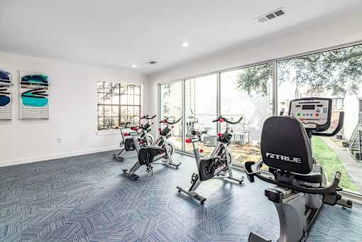 A gym with a row of exercise bikes and a treadmill.