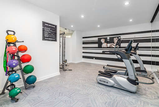 A gym with a TRUFIT elliptical trainer and a set of multicolored dumbbells.