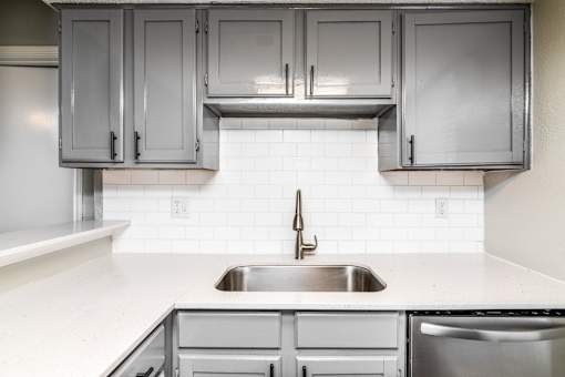 A kitchen with a sink and cabinets.