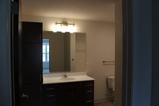 A bathroom with a sink, mirror, and toilet.