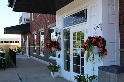 Front door of Brickyard Apartments with 709 Walnut Street