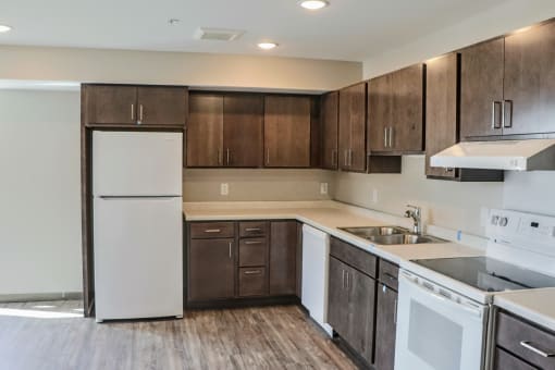 A new kitchen with dark cabinets and white appliances including fridge, dishwasher, and glass-top stove, with 2 part sink.
