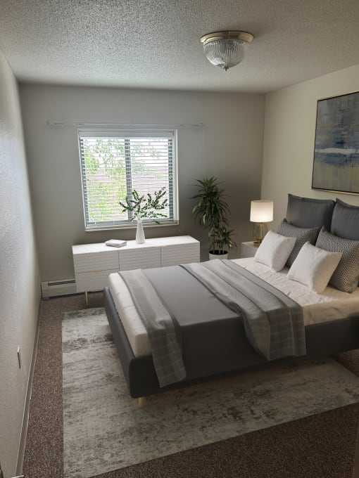 a bedroom with a bed and a window