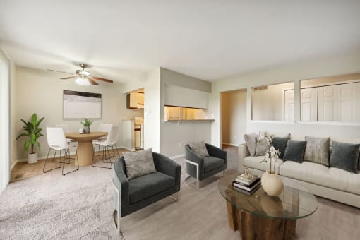a living room with a couch and a table
