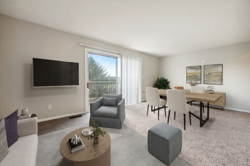 a living room and dining room with a table and a television